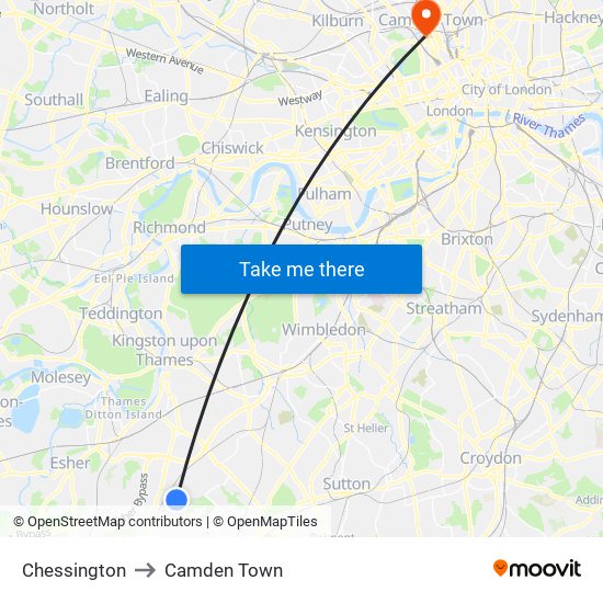 Chessington to Camden Town map