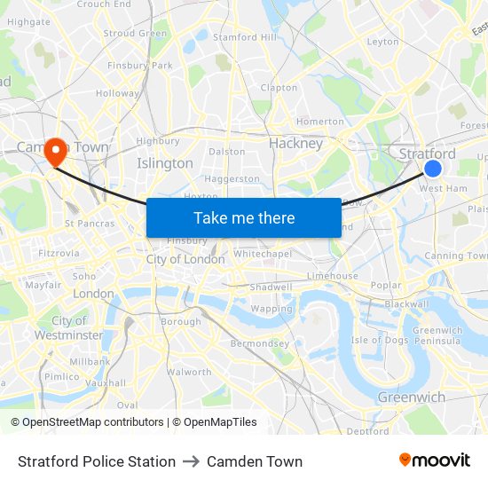 Stratford Police Station to Camden Town map