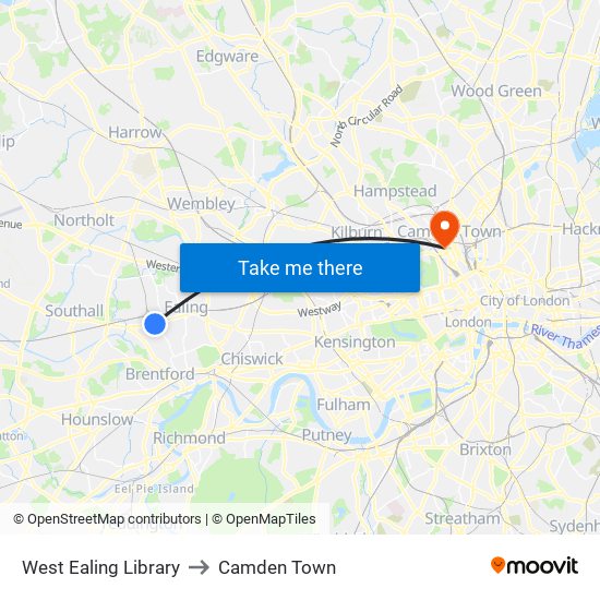 West Ealing Library to Camden Town map