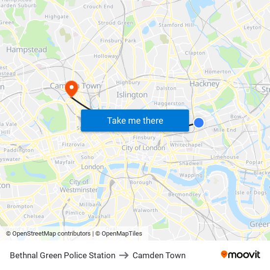 Bethnal Green Police Station to Camden Town map