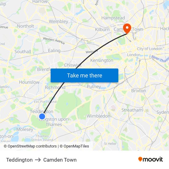 Teddington to Camden Town map