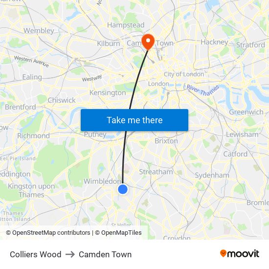 Colliers Wood to Camden Town map
