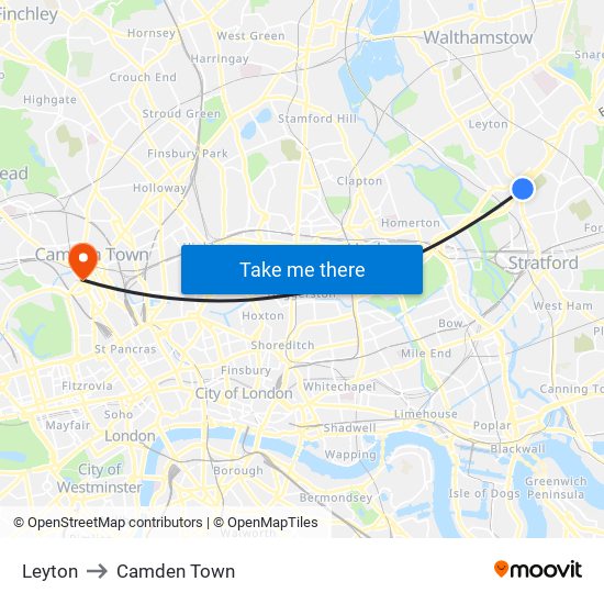 Leyton to Camden Town map