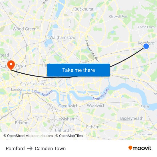 Romford to Camden Town map