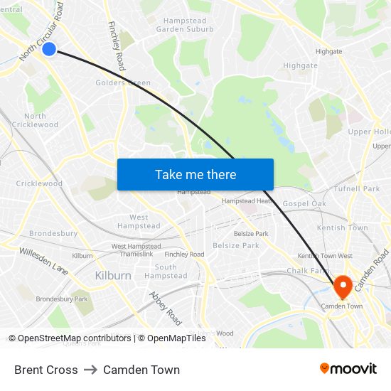 Brent Cross to Camden Town map