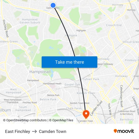 East Finchley to Camden Town map