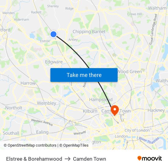 Elstree & Borehamwood to Camden Town map