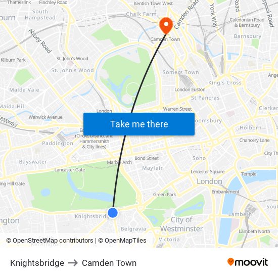 Knightsbridge to Camden Town map