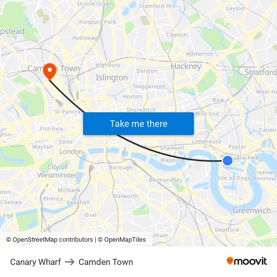 Canary Wharf to Camden Town map