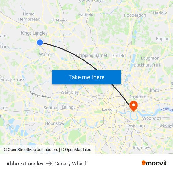 Abbots Langley to Canary Wharf map