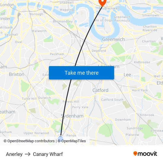 Anerley to Canary Wharf map