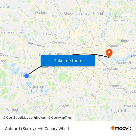 Ashford (Surrey) to Canary Wharf map