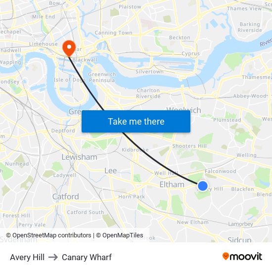 Avery Hill to Canary Wharf map