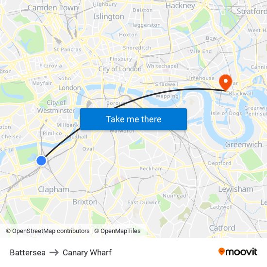 Battersea to Canary Wharf map