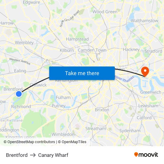 Brentford to Canary Wharf map