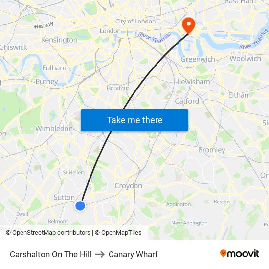 Carshalton On The Hill to Canary Wharf map