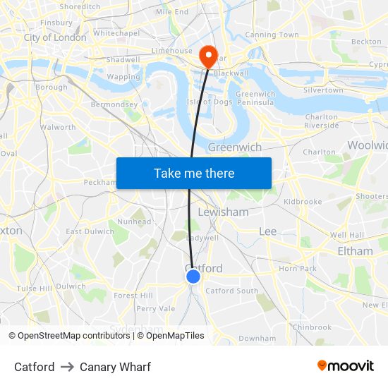 Catford to Canary Wharf map