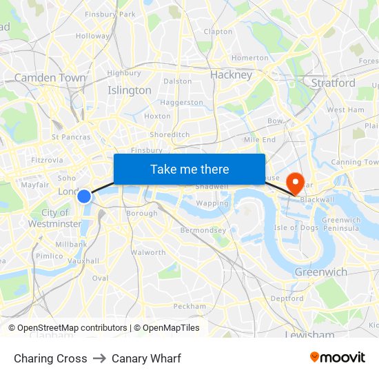 Charing Cross to Canary Wharf map