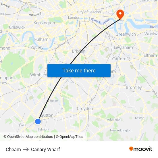 Cheam to Canary Wharf map