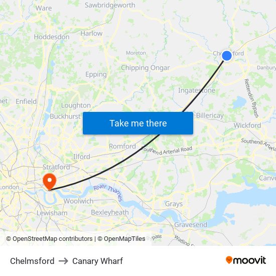 Chelmsford to Canary Wharf map