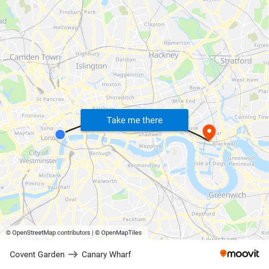 Covent Garden to Canary Wharf map