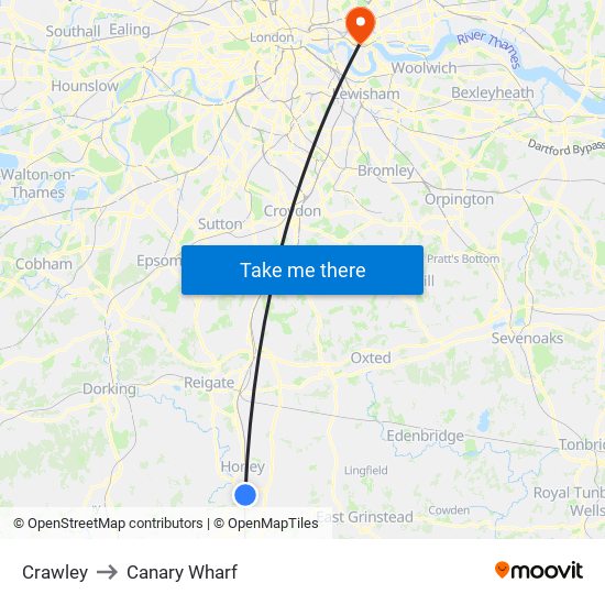 Crawley to Canary Wharf map