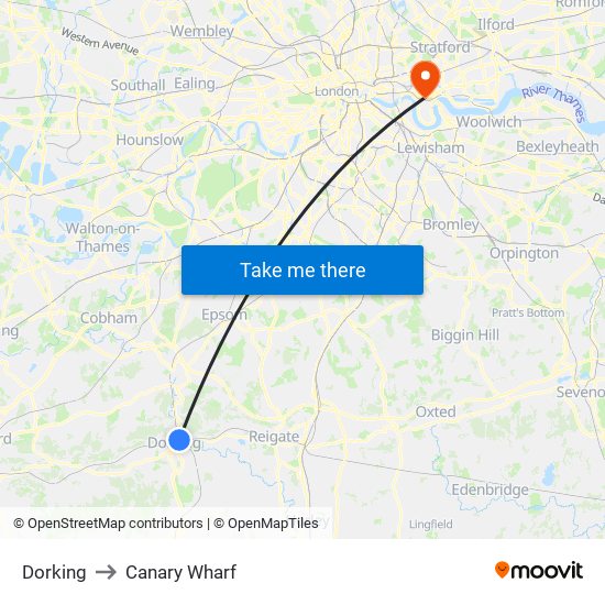 Dorking to Canary Wharf map