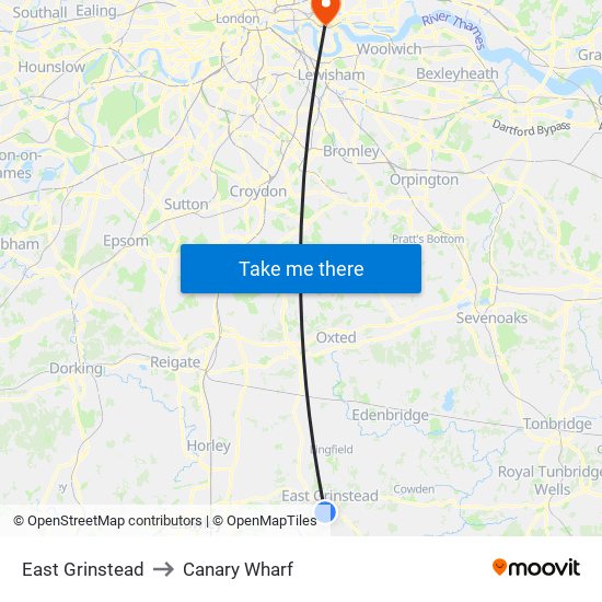 East Grinstead to Canary Wharf map