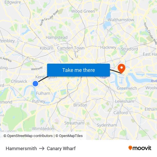 Hammersmith to Canary Wharf map