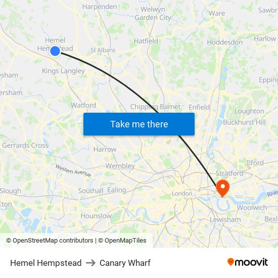 Hemel Hempstead to Canary Wharf map