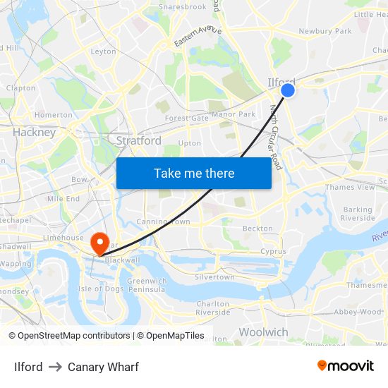 Ilford to Canary Wharf map