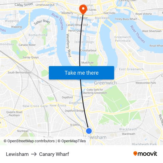 Lewisham to Canary Wharf map