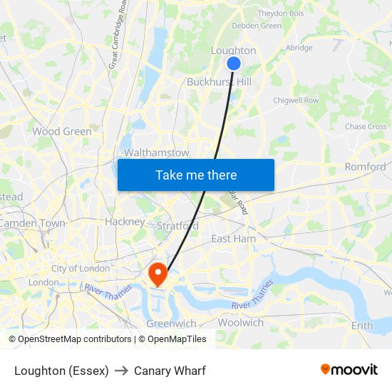 Loughton (Essex) to Canary Wharf map