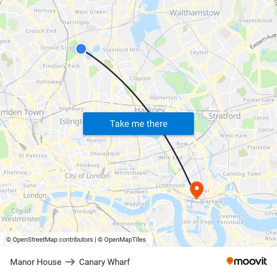 Manor House to Canary Wharf map