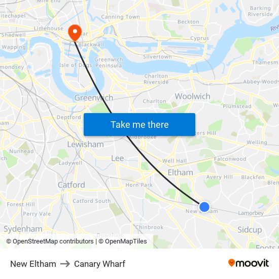 New Eltham to Canary Wharf map