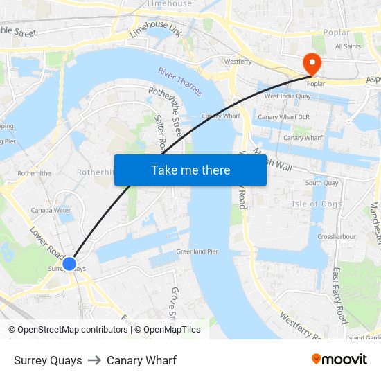 Surrey Quays to Canary Wharf map