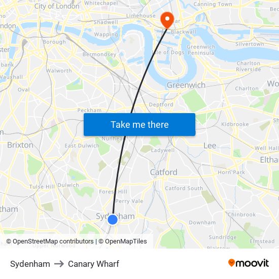 Sydenham to Canary Wharf map