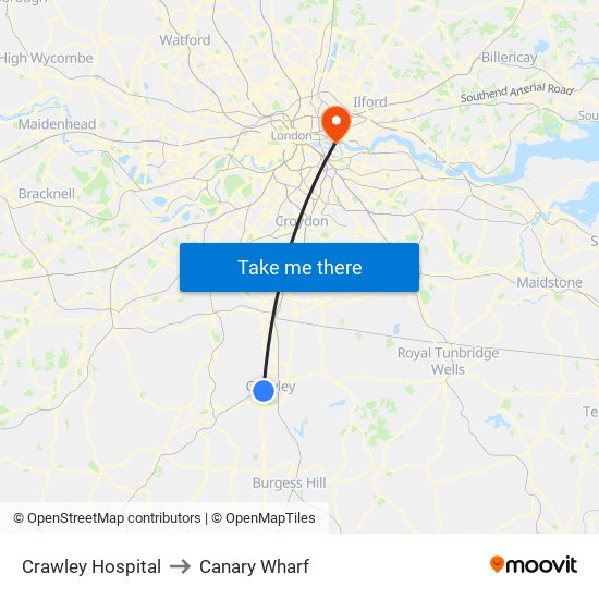 Crawley Hospital to Canary Wharf map