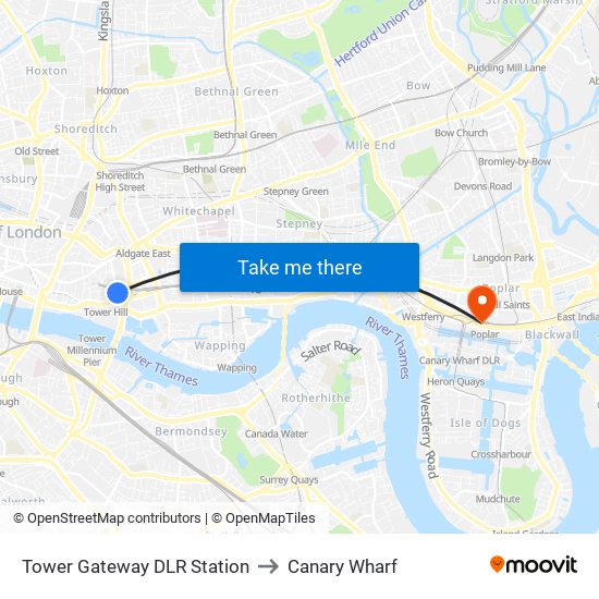 Tower Gateway DLR Station to Canary Wharf map