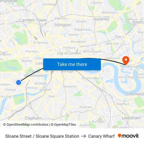 Sloane Street / Sloane Square Station to Canary Wharf map