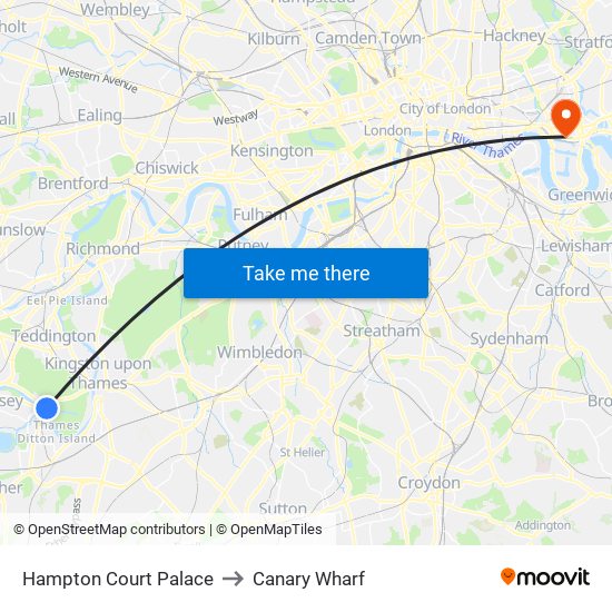 Hampton Court Palace to Canary Wharf map