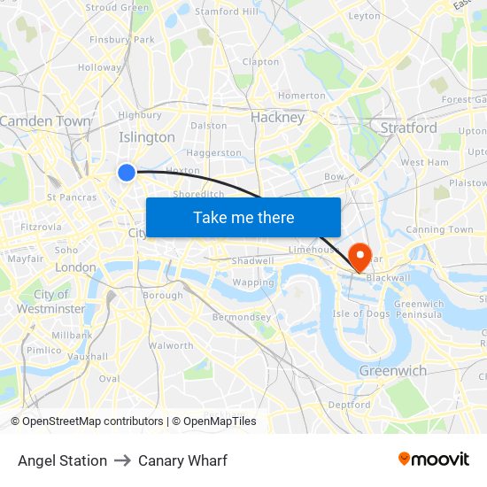 Angel Station to Canary Wharf map