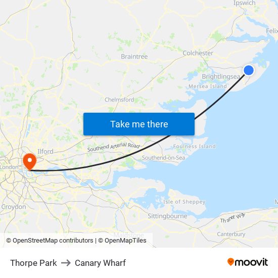 Thorpe Park to Canary Wharf map