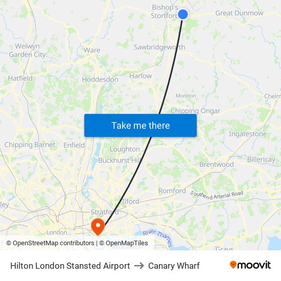 Hilton London Stansted Airport to Canary Wharf map