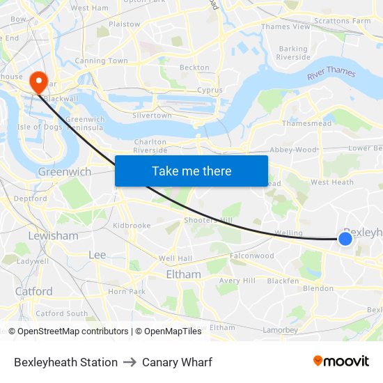 Bexleyheath Station to Canary Wharf map