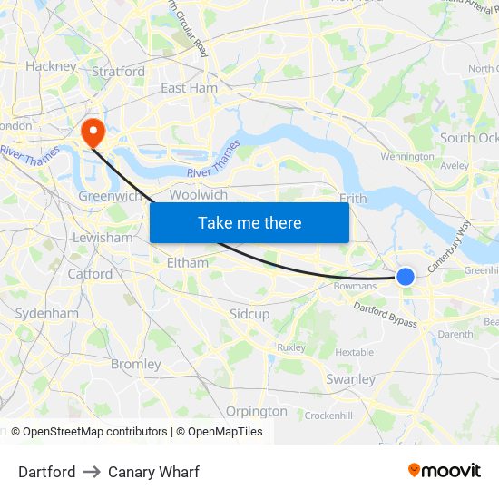 Dartford to Canary Wharf map