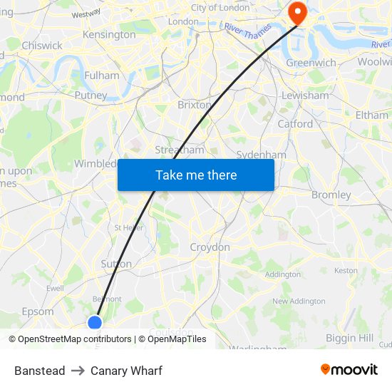 Banstead to Canary Wharf map