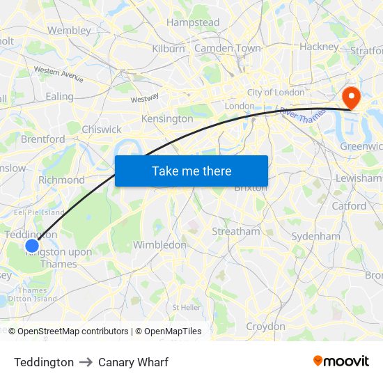 Teddington to Canary Wharf map