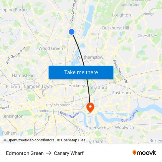 Edmonton Green to Canary Wharf map