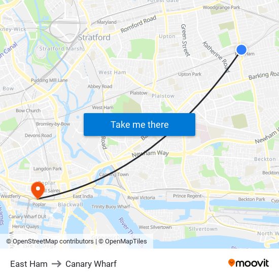 East Ham to Canary Wharf map